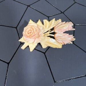 Vintage Coral Hand Carved Rose Brooch Pink and Ivory Color